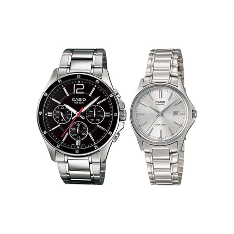 CASIO Unisex Pair Table Series Silver Watch MTP-1374D-1A P-1183A-7A Regular Watch Box
