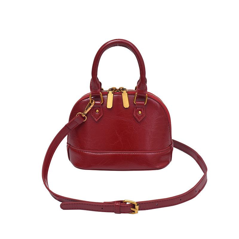 Sweet Mini Bowling Handbag Retro Single Shoulder Bag For Women Color-Block Handheld Vintage Retro Oil Wax Leather Shell Bag