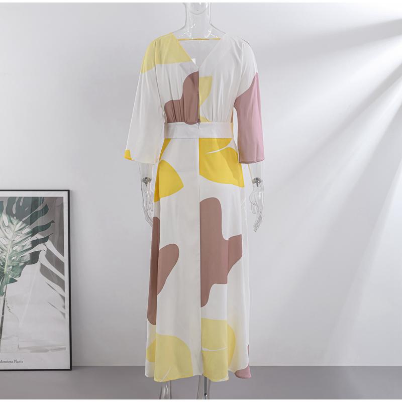 Mode V-ausschnitt Gedruckt Taille-schließen Kleid Frauen Frühling Elegante Schlanke Temperament High-taille Kleider Weibliche Pendler Kleidung