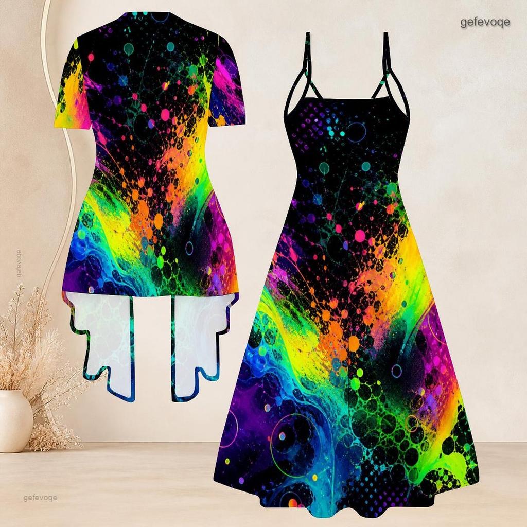 Women Plus Size Printed Two Piece Set Short Sleeve Draped Cardigan Strappy V Neck Flared Dress
