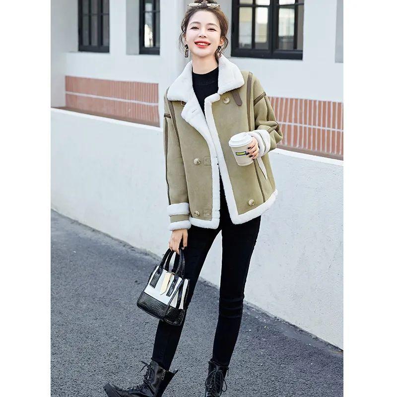 Damenjacke aus Hirschlederfleece mit integriertem Lammwollfutter, kurz, neu, Herbst und Winter, verdickt, Lammwolle, Motorradbekleidung, Trend