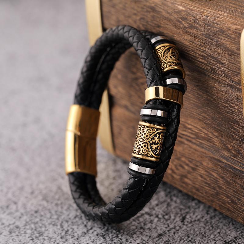Viking Compass Runes Amulet Bracelet for Men Stainless Steel Genuine Leather Norse Mythology Jewelry