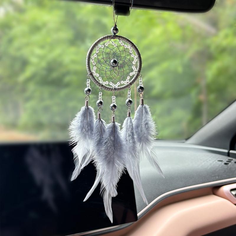 

Lovely Feathers Dream Catcher With Beads Mini Car Pendants Wall Hangings Handmade Ornaments Girls Car Hangings Birthday Gifts зелений