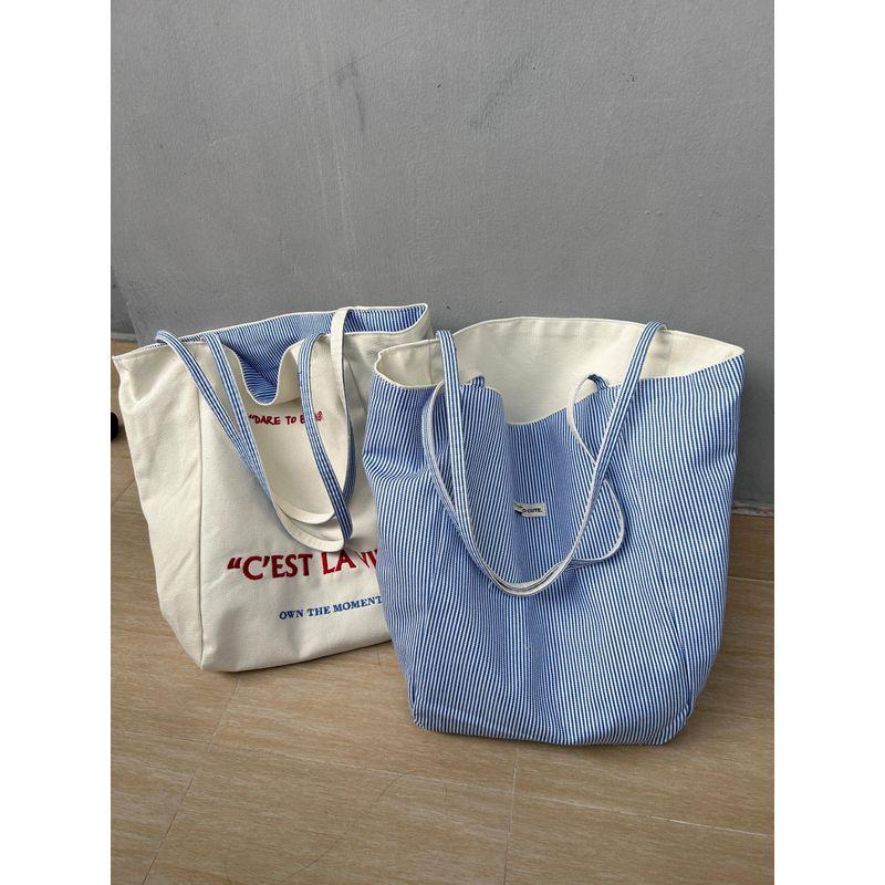 

Korean Simple Stripes Canvas Bag Niche Style Fancy French Embroidered Shoulder Bag Work Clothing Large Capacity Totes Beige