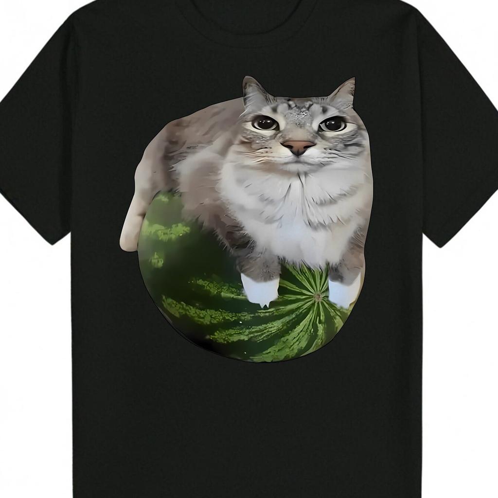 Men's Cute Cat & Watermelon Meme T-Shirt, Funny Animal Print Casual Streetwear Tee