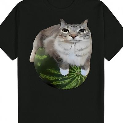 Men's Cute Cat & Watermelon Meme T-Shirt, Funny Animal Print Casual Streetwear Tee