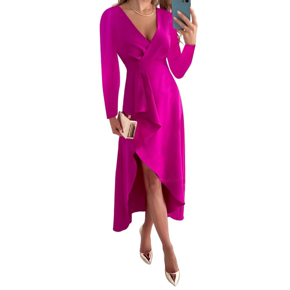 

BITCED Женское осеннее платье с длинным рукавом, V-образным вырезом, усадочной сеткой и разрезом по низу XXL розовый