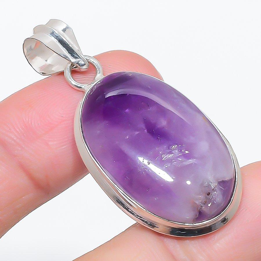 Natural Sage Amethyst Gemstone 925 Sterling Silver Jewelry Pendant 1.85" v7d55