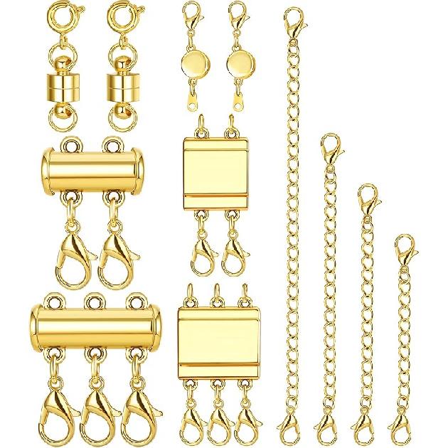 HAIAISO 12Pcs Magnetic Necklace Layering Clasps Necklace Extender Chain for Women 14K Gold Plated Magnetic Necklace Connector Slide Clasp Lock Chain