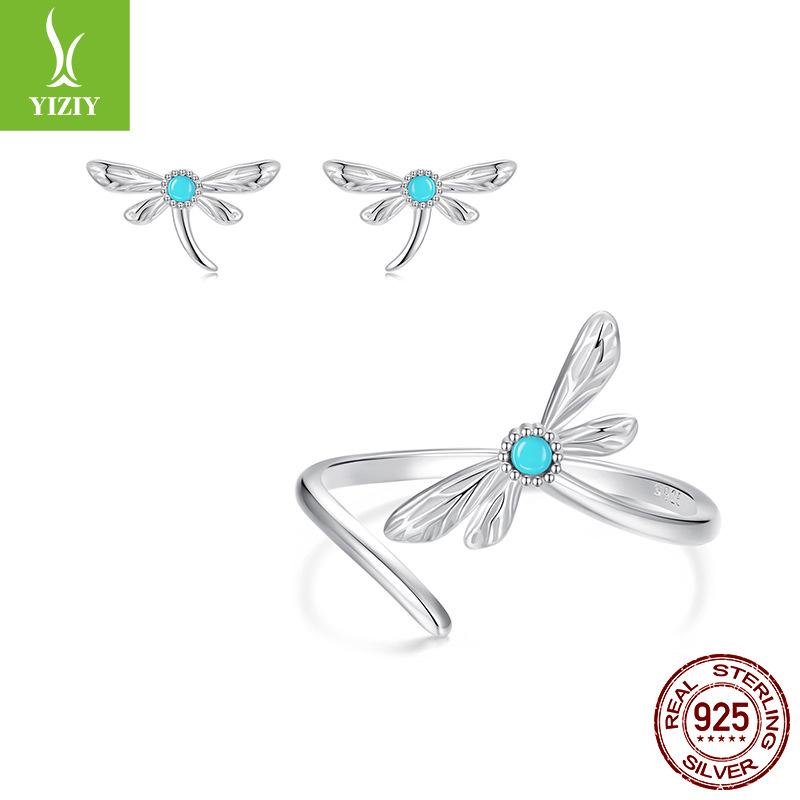 S925 Sterling Silver Fresh Turquoise Dragonfly Jewelry Set Women'S Niche Design Light Luxury