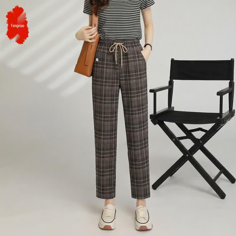 Mid-Aged Women s Plaid Elastic High-Waist Straight-Leg Cropped Pants 4XL