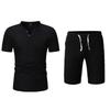 Mens Solid Color Linen Short Sleeve Shorts Casual Two Piece Set