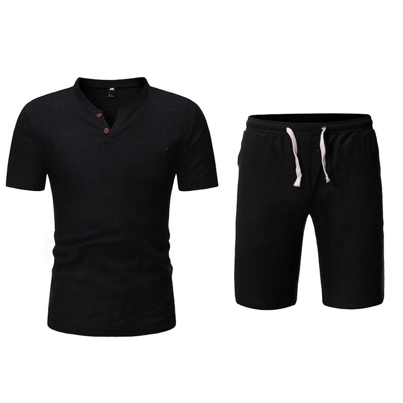 Mens Solid Color Linen Short Sleeve Shorts Casual Two Piece Set
