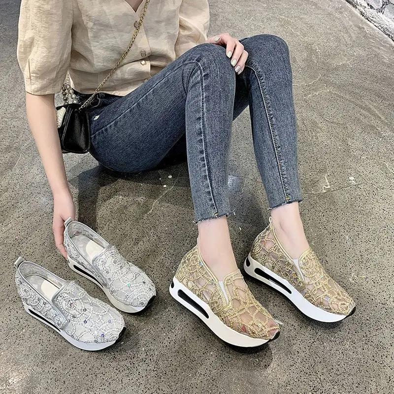 Wedge Casual Shoes Woman Summer 2025 Gold Sequin Mesh Vulcanized Shoes Rubber Sole Slip on Comfortable Female Shallow Sneakers