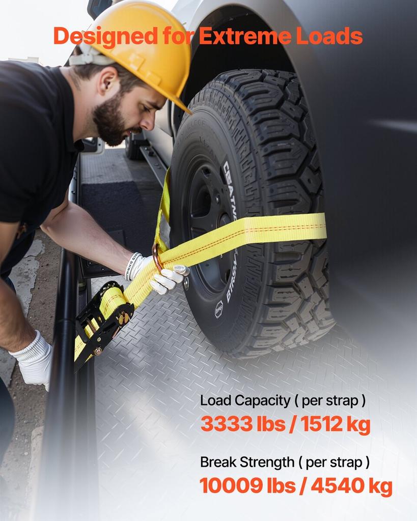 Wheel Chock Tie-Down Kit, Tire-Style Motorcycle Tie-Down System, Car Tie Down Kit with Flat Hook, Break Strength 4540 Kg & Working Load 1512 Kg