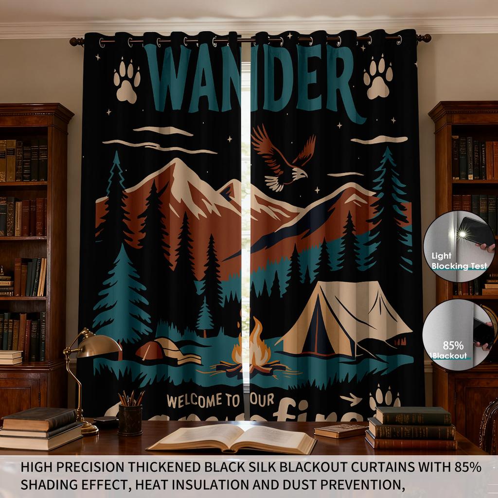 2pcs Camping Printed Perforated Blackout Curtains   Multiple Sizes For Living Room   Bedroom   Home Decoration   Easy To Install