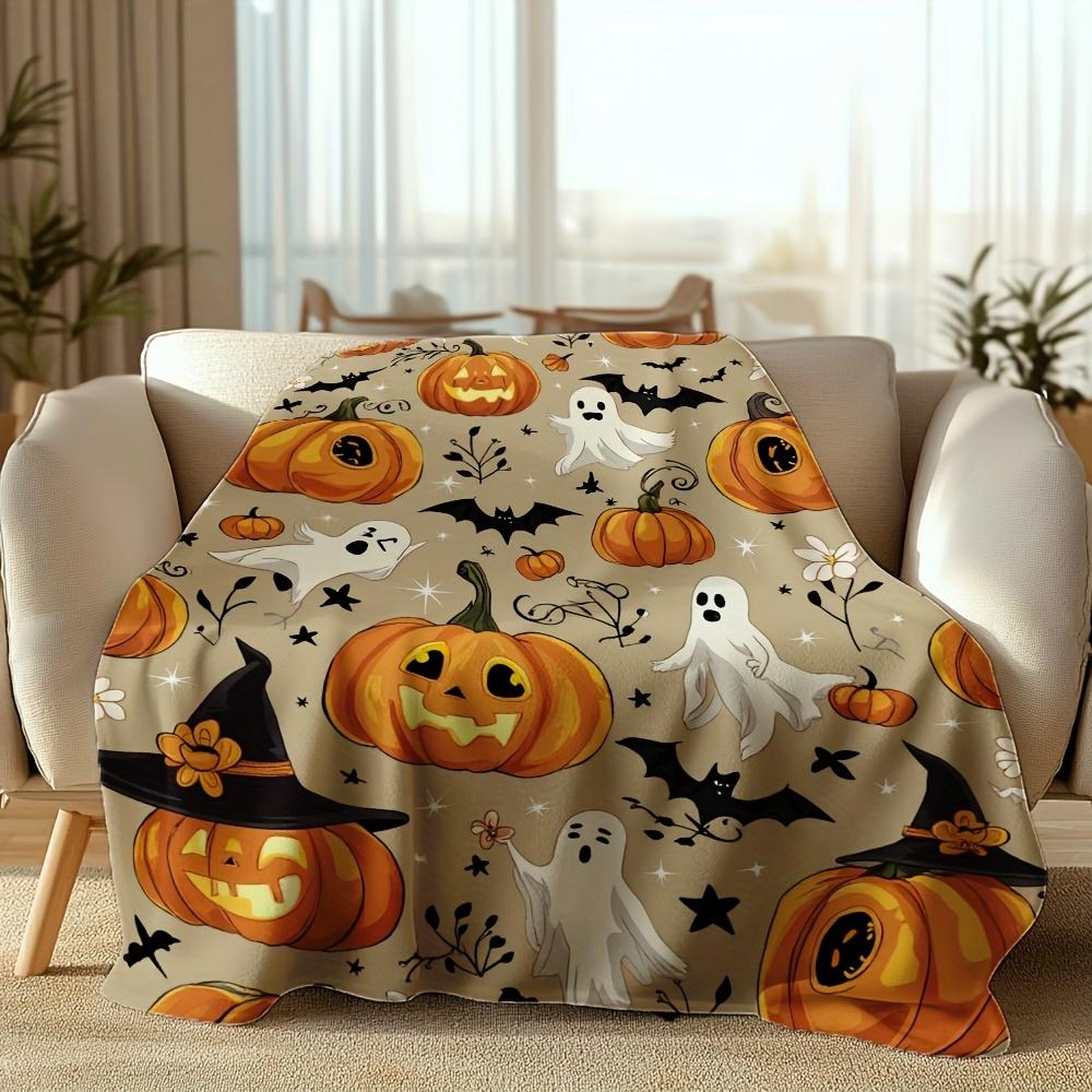 1pc Halloween Flannel Blanket - Soft 2D Pumpkin/Bat/Ghost Print | Bed/Sofa/Camping/Office | All-Season