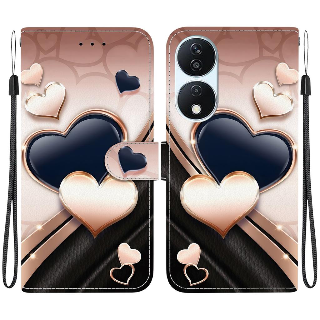 Handgefertigte PU-Leder-Flip-Hülle für Honor X7b Rutschfeste Stoßfeste Hülle mit Handschlaufe & Herz/Rose Katze Designs