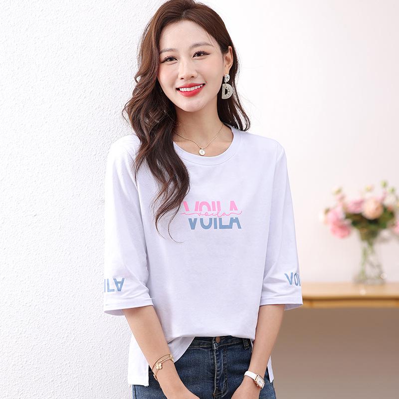 Dam sommar lös ren bomull trekvartsärmad t-shirt - Snygg, bekväm, mode för medelålders