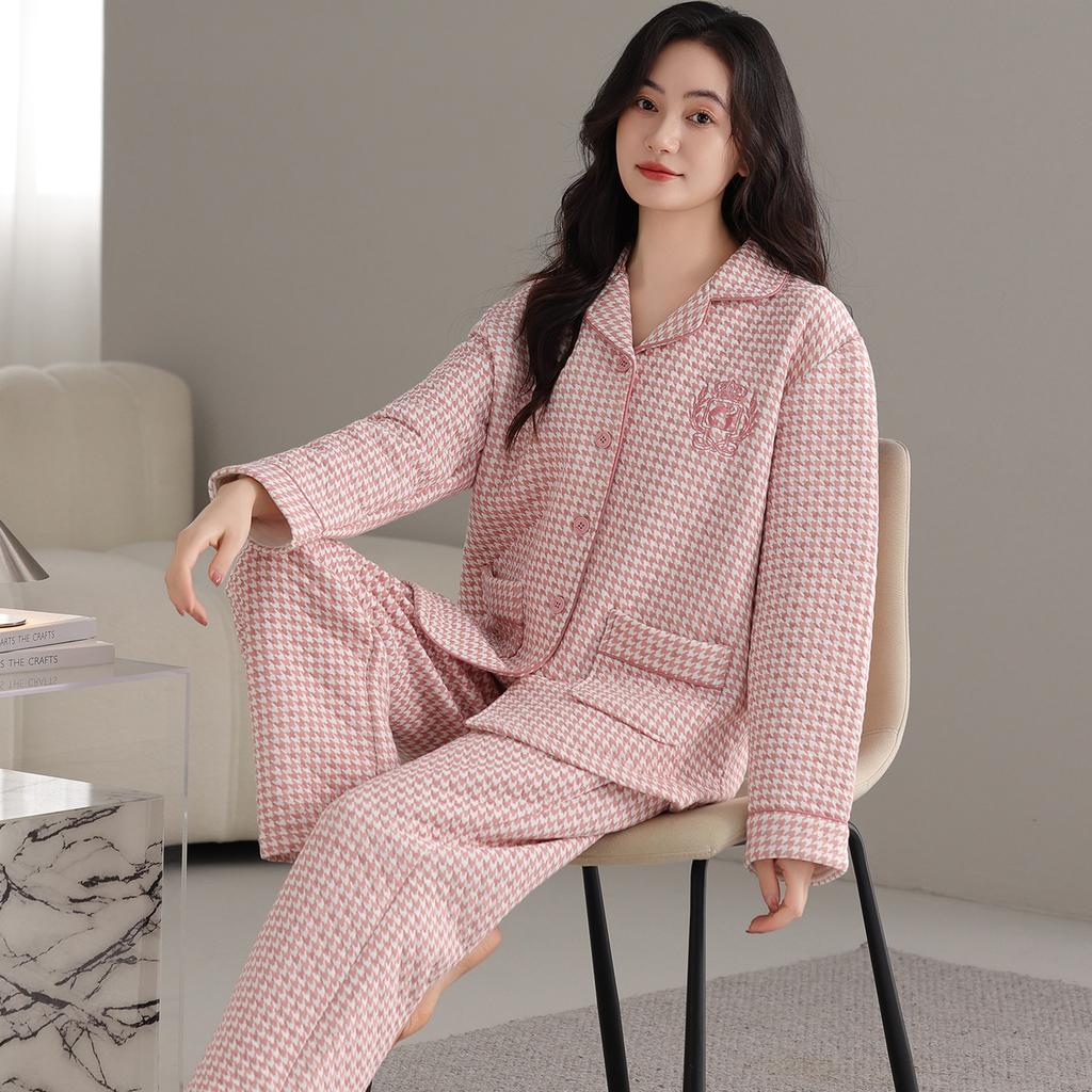 Women's Thickened Pajamas Pure Cotton Interlayer Warm Air Cotton Autumn and Winter Loungewear Thin Padded Lapel Cardigan Set
