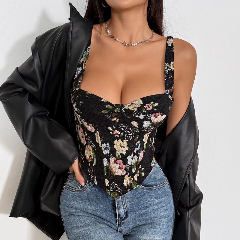 Vintage Floral Jacquard Push Up Underwire Bustier Tank Top