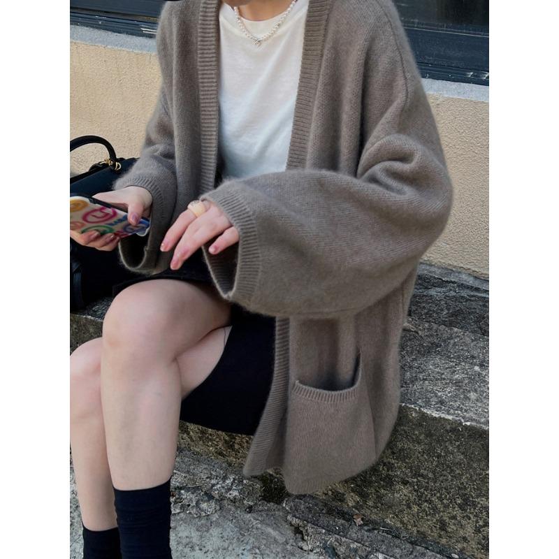 

Средний и длинный ленивый свитер-жакет осень-зима новый однотонный свободный большой размер вязаный кардиган женский average size