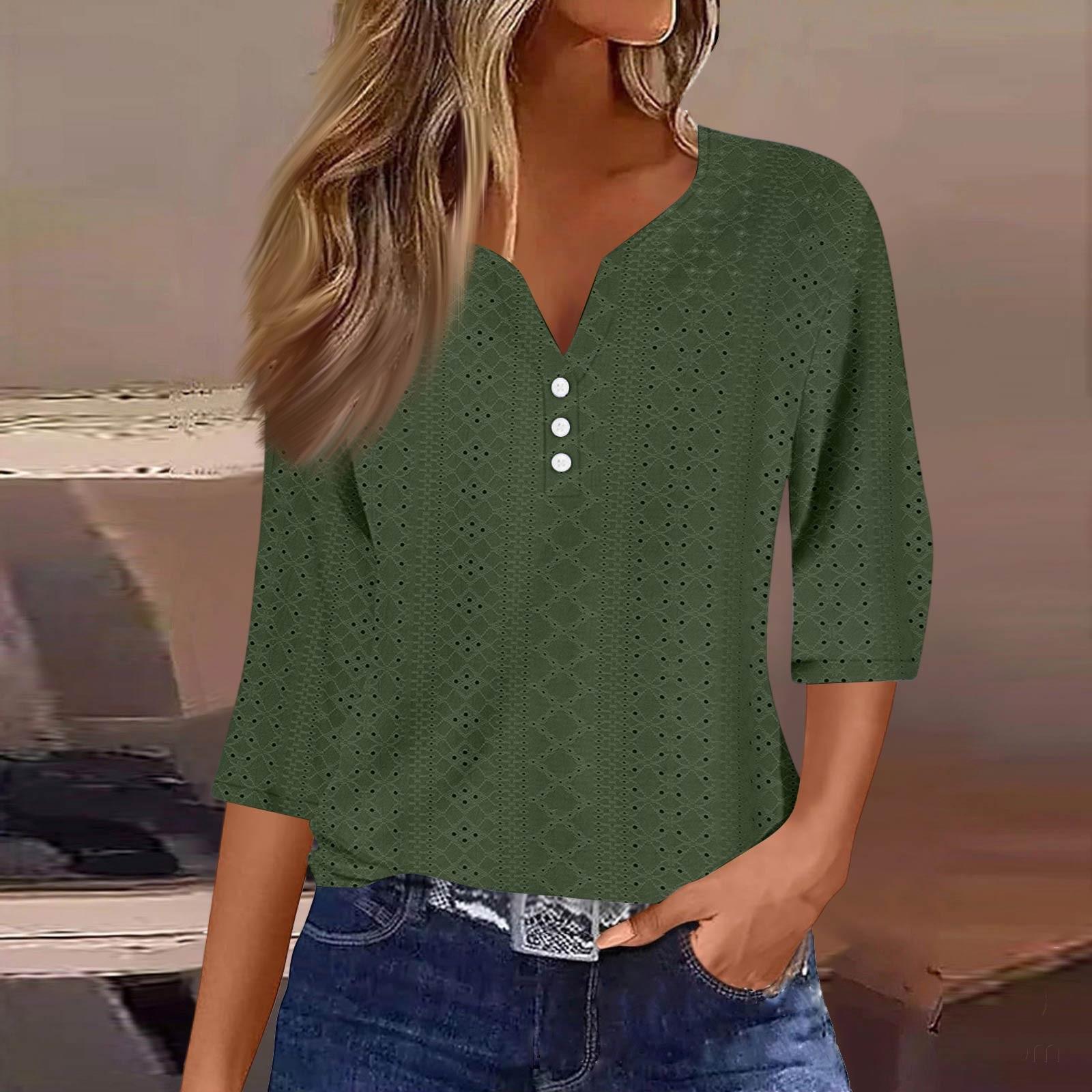 

Женская модная футболка с V-образным вырезом и пуговицами, семь рукавов, повседневные однотонные топы XXL