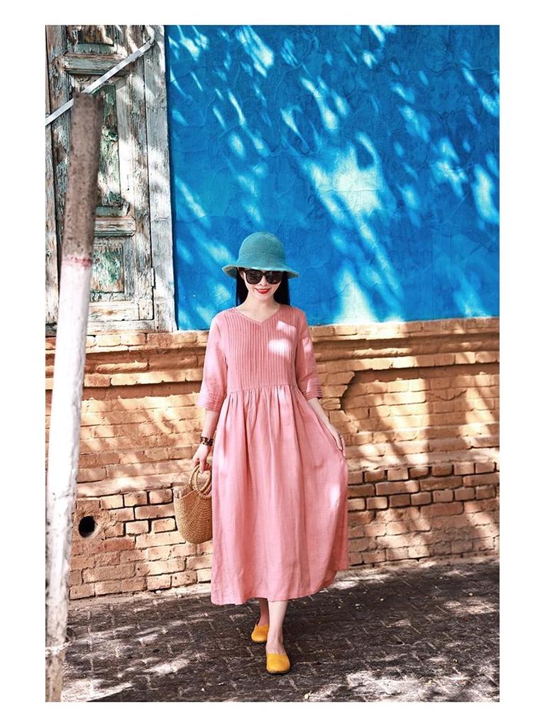 2026 Summer Cotton Linen V-Neck Artistic Long Dress for Women
