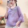 Women's Sheer Purple Floral Embroidery Blouse with Frog Button and Contrast Trim Casual Linen Shirt