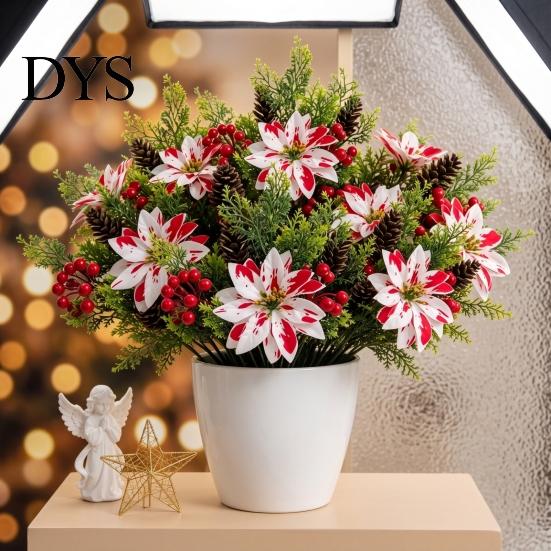 Faux Silk Christmas Blooms 5 Heads Artificial Poinsettia Flowers, Fake Pine Berry Decoration, Home Interior Floral Accents Fade-Resistant Red