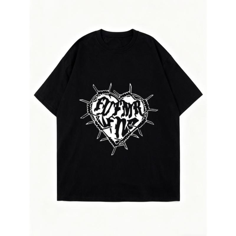 Oversized T Shirt Black Heart With Barbed Wire Print And Gothic Text For Casual Streetwear Fashion