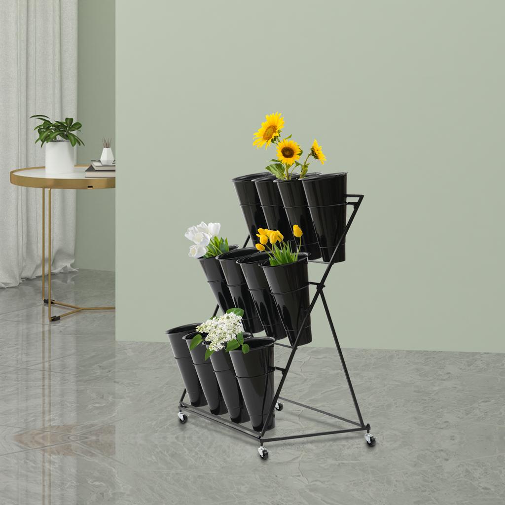 3 Tiers Iron Flower Stand W/12 Plastic Flower Buckets ,Suitable for Organizing and Displaying Potted Plants