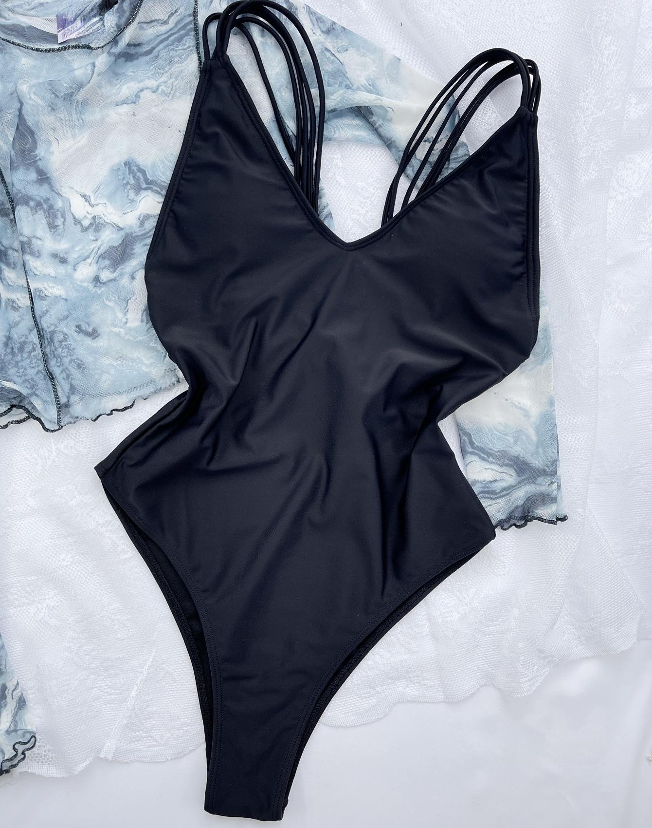 

Женские купальники, сплошной цвет с зубчатыми бретелями, сексуальный цельный купальник, бикини, пляжная одежда, купальные костюмы L чёрный