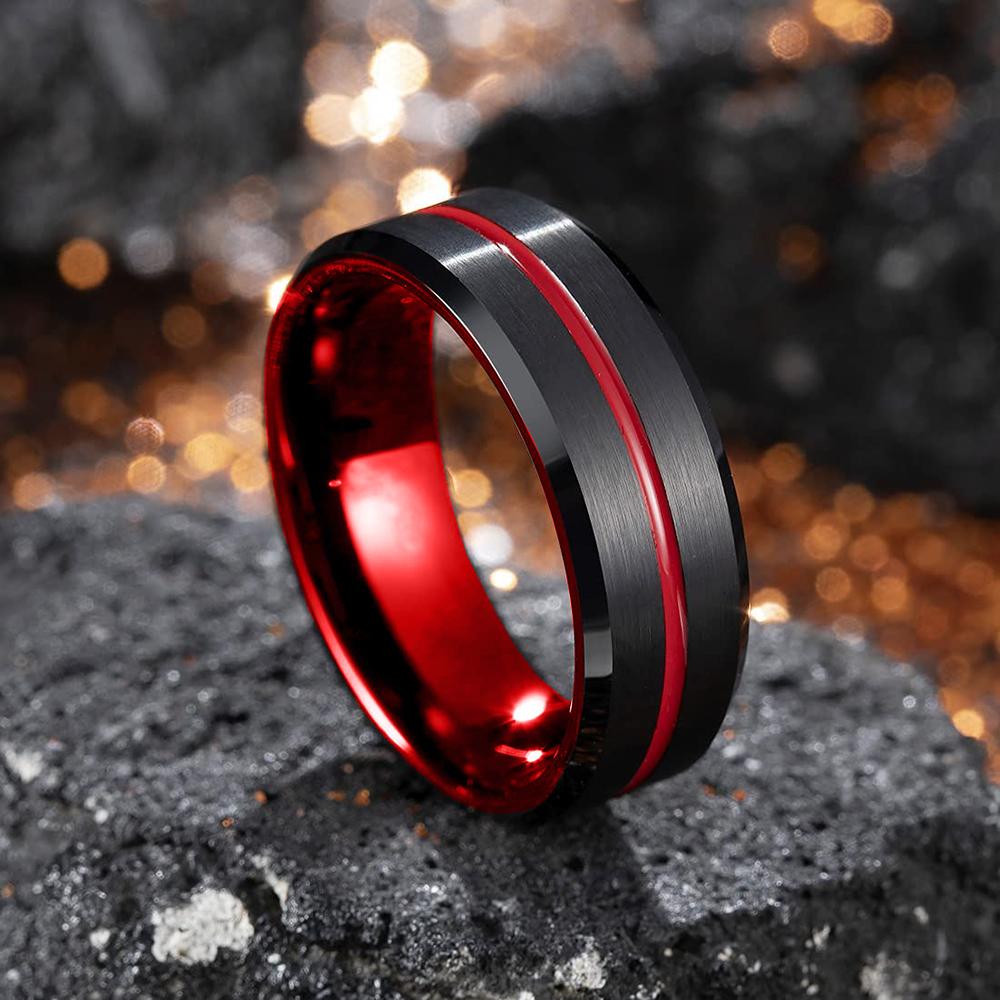 Classic 8mm Men's Red Groove Beveled Edge Black Stainless Steel Men Wedding Rings Black Brushed Male Bridal Engagement Ring