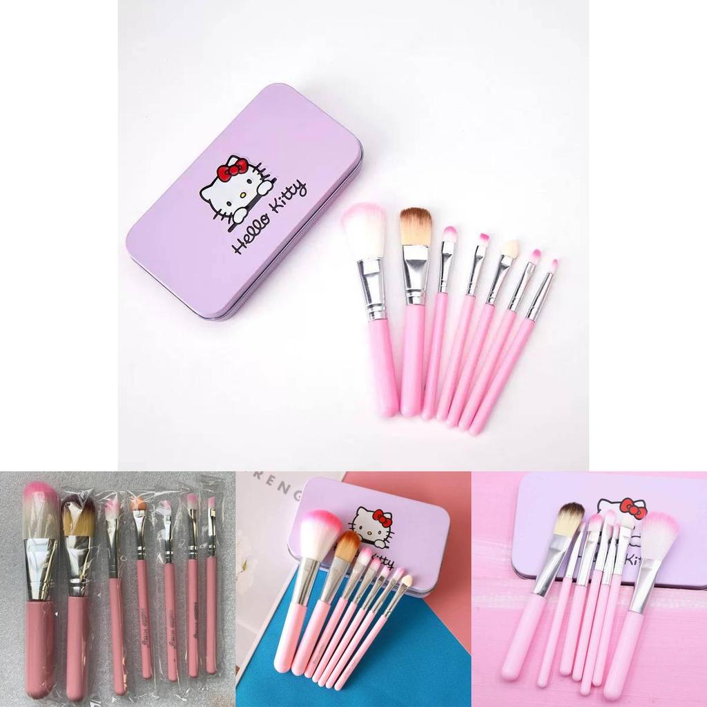 Hello Kitty Makeup Brush Set With Artificial Fiber Bristles Portable Pink Iron Box For Daily Beauty