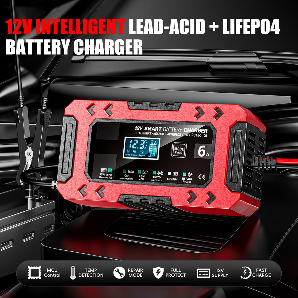 Automatisches Erhaltungsladegerät, 12V 6A Intelligentes Batteriewartungsgerät Desulfator mit Temperaturkompensation für