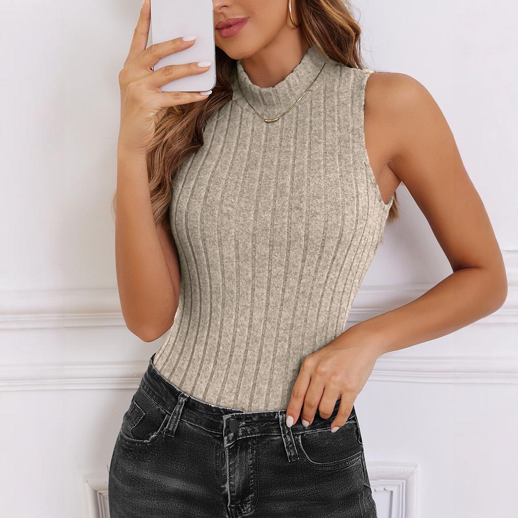 Women's Stripe Small Stand Up Collar Slim Fit Versatile Sleeveless Vest Base Top