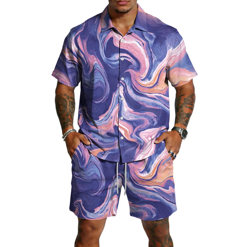 Men's Casual Lightweight Breathable Short Sleeve Shirt with Drawstring Shorts Set Swirl Pattern Summer Outfit for Outdoor Use