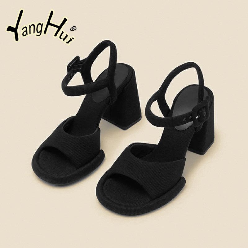 Elegant Temperament Party Thick  High Heels Pumps 2024 New Fashion Exposed Toes Non-slip Printing Women's Sandals Summer