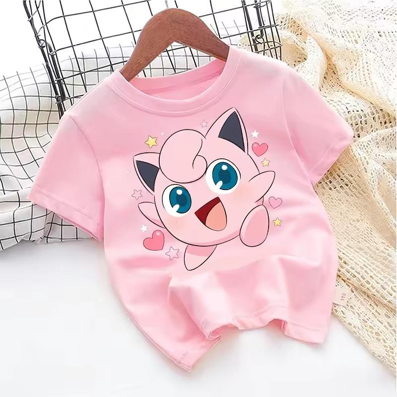 2026 Summer Pokemon Jigglypuff Print T-Shirt Cotton Loose Family Matching Tee for Kids Travel Game & Sports Y2k