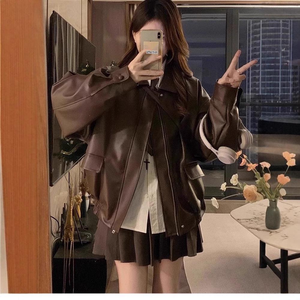 Maillard Women's Retro Brown PU Leather Motorcycle Jacket - Spring/Autumn Windproof Coat