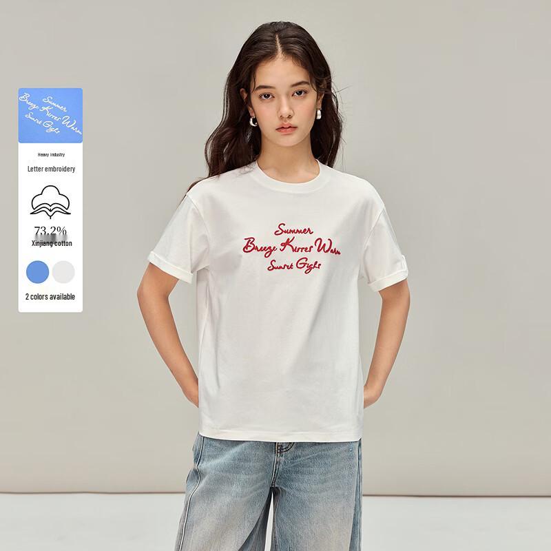 INMAN 2026 Spring Women s Letter Embroidered Round Neck Short Sleeve T-Shirt L