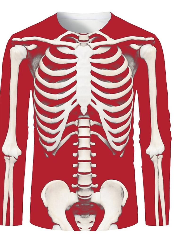 Lustiges Langarm-T-Shirt mit 3D-Totenkopf-Print für Herren, lässig, O-Ausschnitt, Baumwolle, lockere Oberteile, modische Kleidung mit menschlichem Knochenmuster, Herbst-T-Shirts
