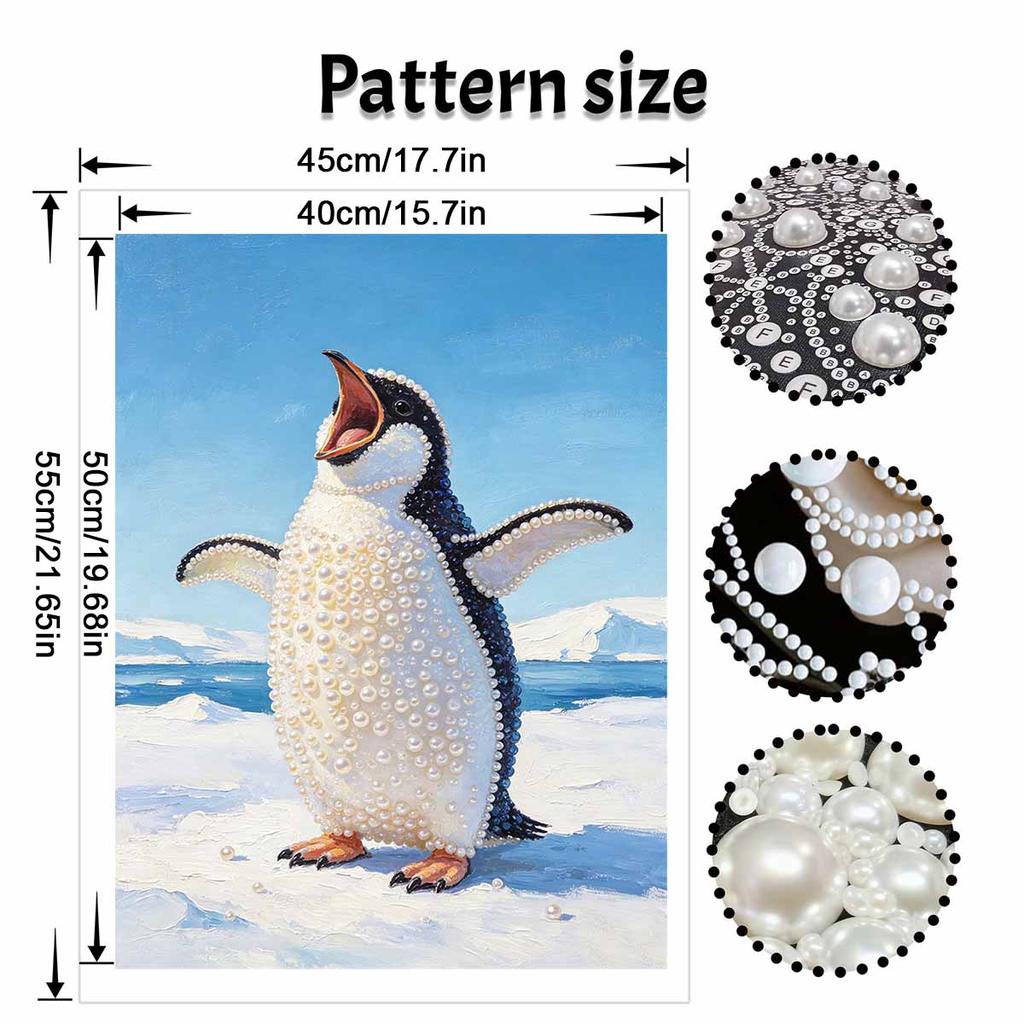Sparkling Pearl Painting on Stretched Frame Cute Penguin Design DIY Bead Art Canvas Relaxing Hobby Gift for Craft Lovers Creative Decor