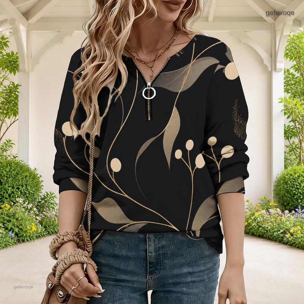 Women Plus Size V Neck Front Zip Geometric Printed Long Sleeve Sweatshirt White Pink Black