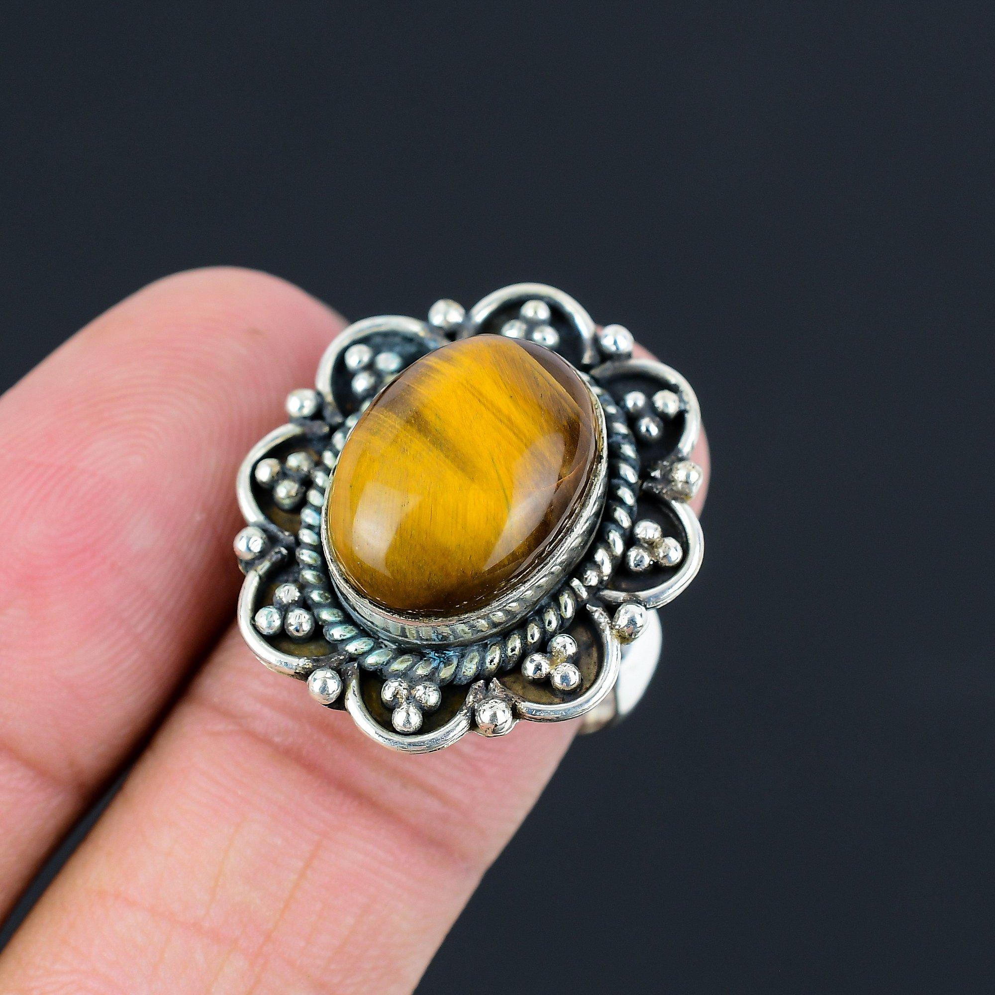 Mothers day Deal Oval Tiger Eye Gemstone Wife Ring Jewelry Sterling Silver US 8 8