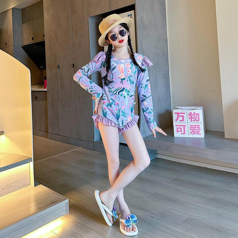 Girls Long Sleeve Floral One Piece Swimsuit Summer Sun Protection Swimwear For Big Kids 120