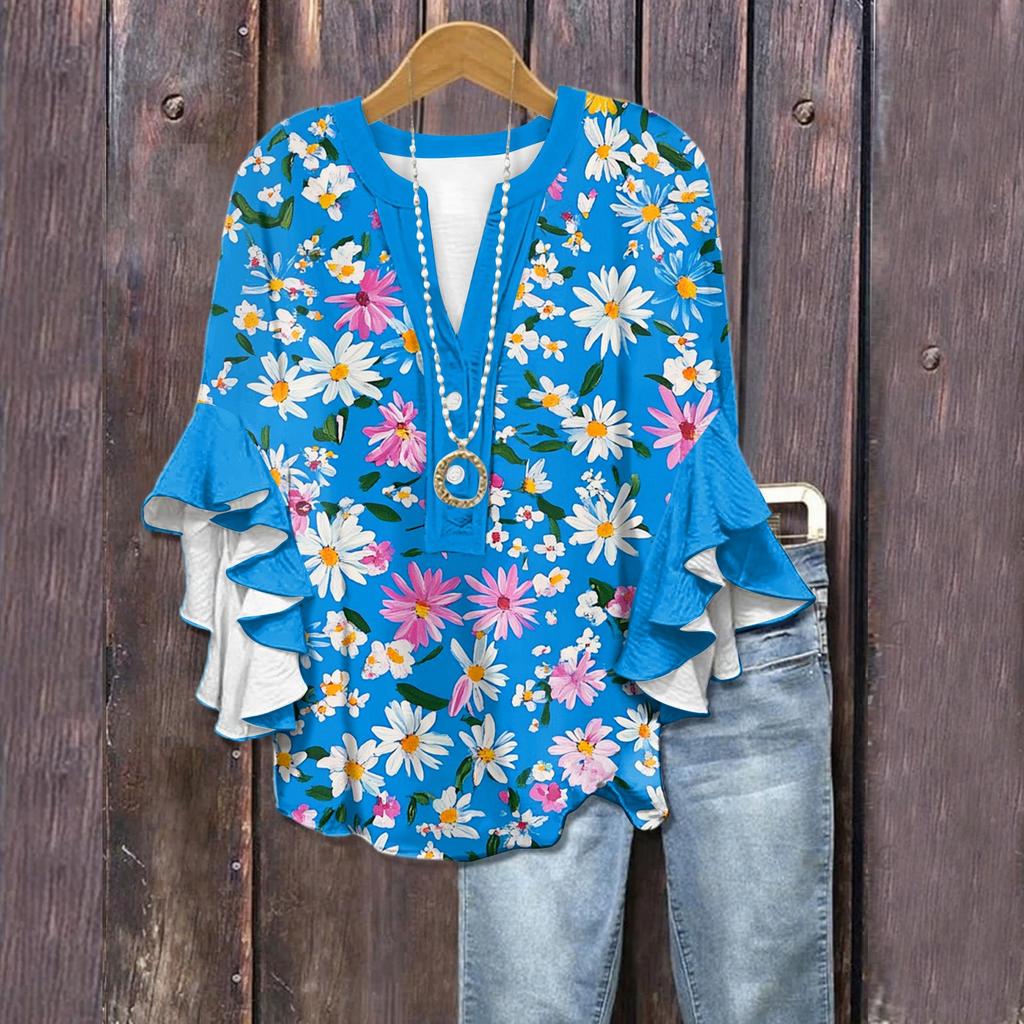 Summer Tops For Women Cute V Neck 3/4 Sleeve Blouses Floral Print Top Casual Shirts