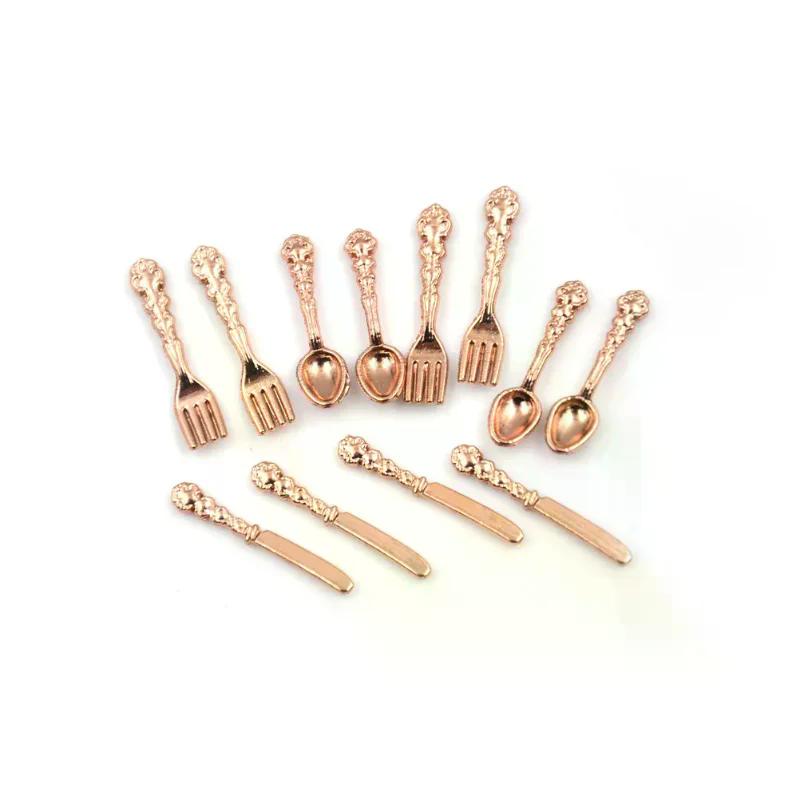 12Pcs/set Vintage 1:12 Dollhouse Miniatures Tableware Mini Cutlery Knife Fork Spoon Childrens Toy For Doll House Decor