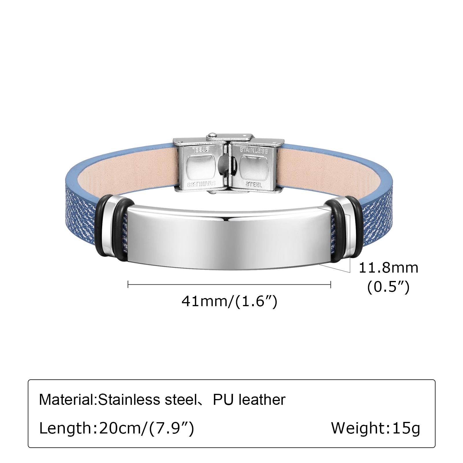 

New Free Personalized Bracelet for Men,Custom Engraved Stainless Steel Sport ID Wristband,Denim Blue PU Leather Cord Bracelets